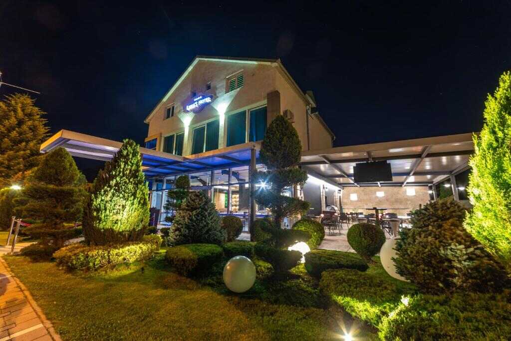 Hotel Luka's in Berane, Montenegro, illuminated at night